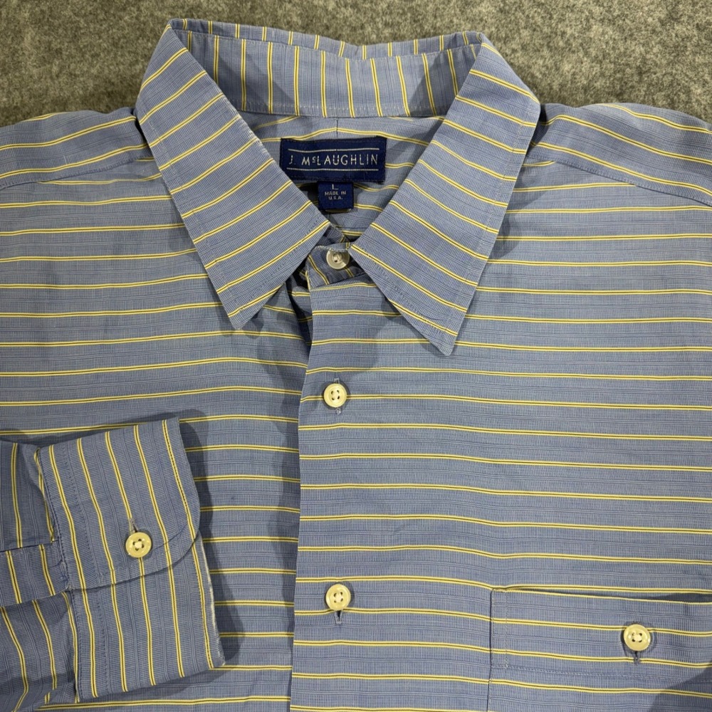 J McLaughlin Mens Large Blue Yellow Striped Button Down‎ Shirt